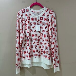NWT Lucky Brand Valentine Graphic Sweatshirt Red White All Over Print Womens M